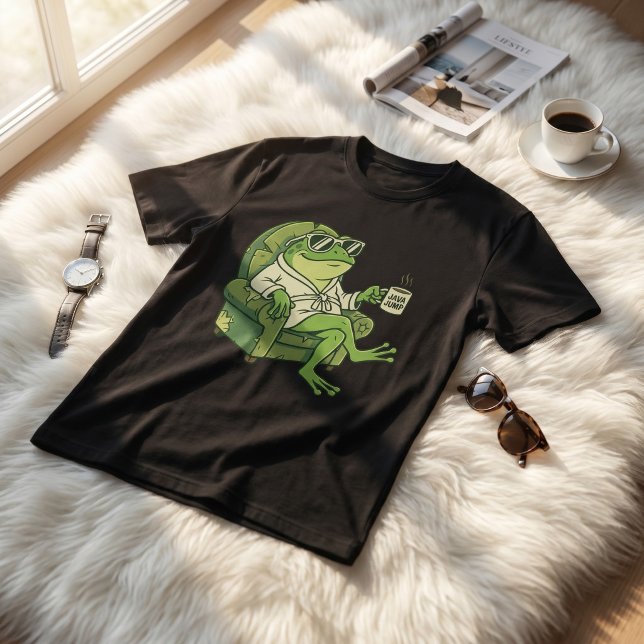 Funny Frog Drinking Coffee Cute Cartoon Design T-Shirt (Creator Uploaded)
