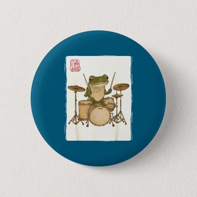 Funny Frog Drum Rock Music Kawaii Japanese  Button (Front)