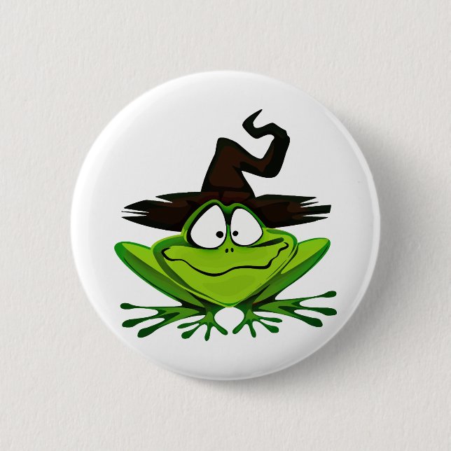Funny Frog Happy Halloween Witch Hat Button (Front)
