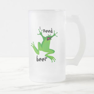 funny frog-I need beer-1 Frosted Glass Beer Mug