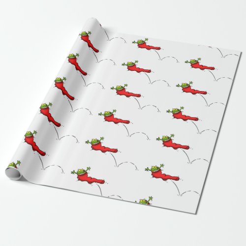 Funny frog in red stocking Christmas cartoon Wrapping Paper