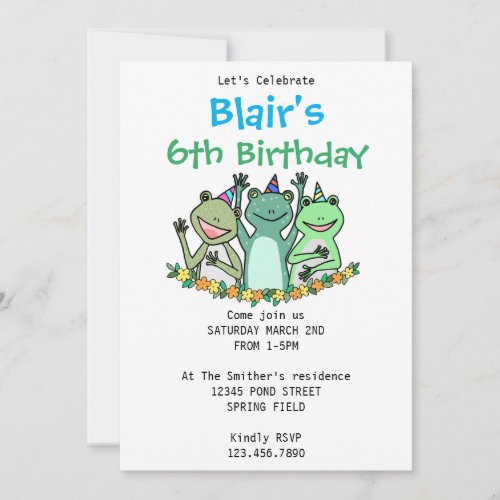 Funny Frog Kids Birthday Party Easy Customization  Invitation