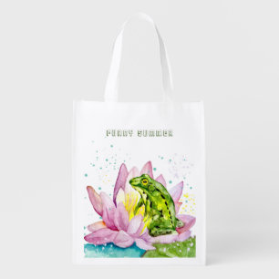 Funny frog on a lotus grocery bag