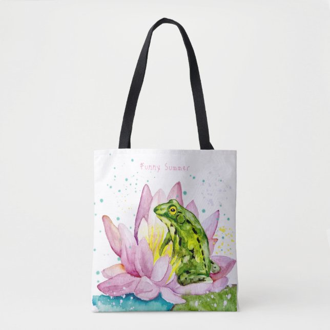 Funny frog on a lotus tote bag (Front)