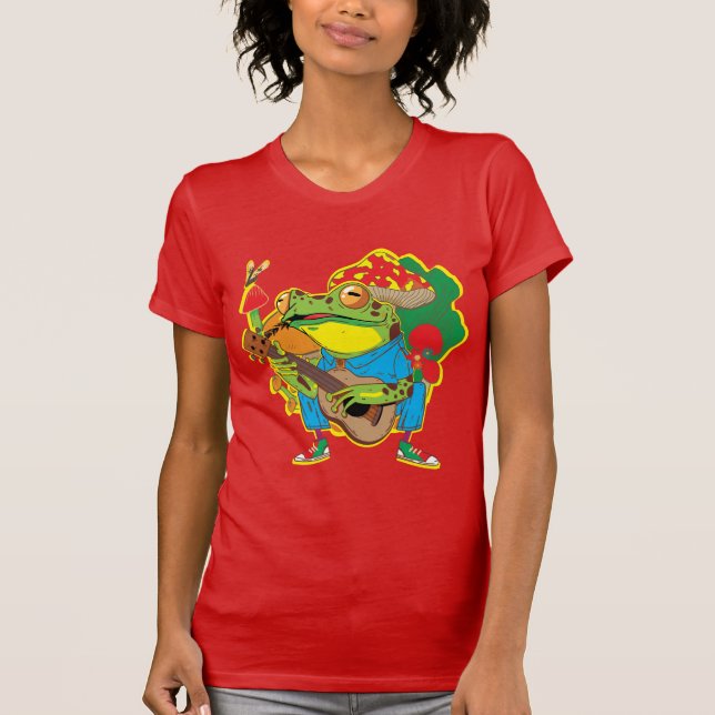Funny Frog Playing Banjo On  Mushrooms T-Shirt (Front)