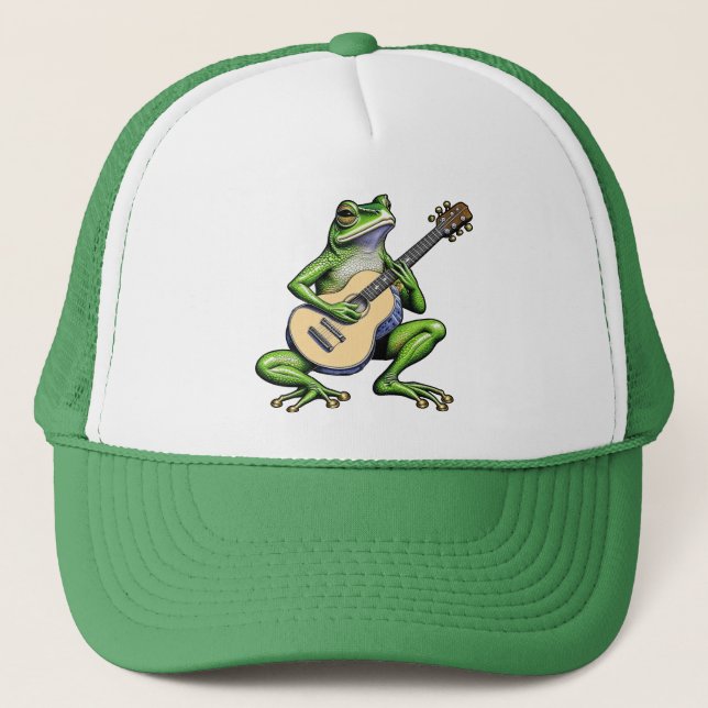 Funny Frog Playing Guitar Trucker Hat (Front)