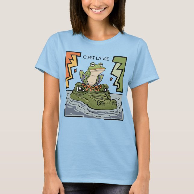 Funny Frog Sitting on Alligator Nose That's Life T-Shirt (Front)