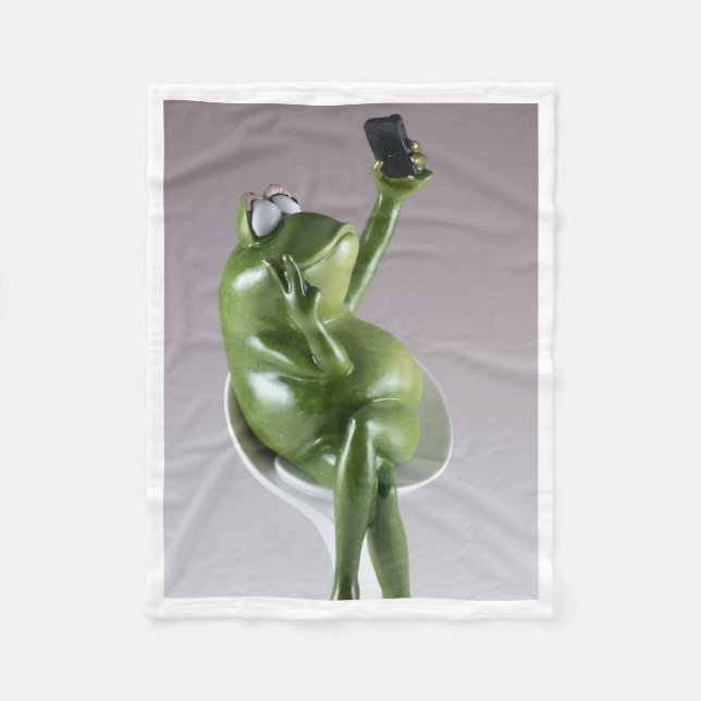 Funny Frog Taking Selfie with Phone Fleece Blanket (Front)