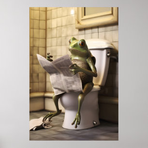 Funny Frog Toilet Print, Newspaper Reading Animal Poster