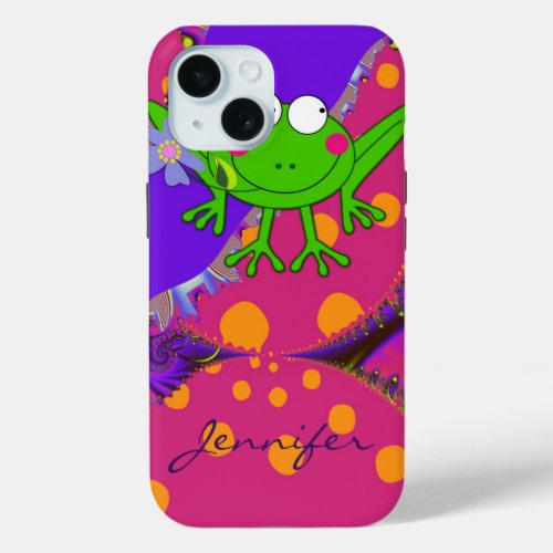 Funny Frog with Flower  custom Name iPhone 15 Case