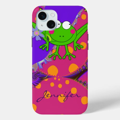 Funny Frog with Flower  custom Name iPhone 15 Plus Case