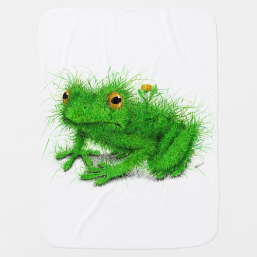 Funny frog with real grass _ fine arts hand_drawn baby blanket