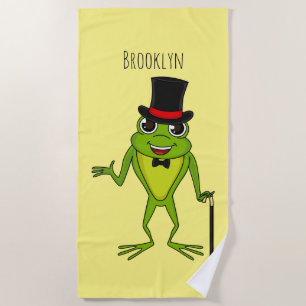 Funny frog with top hat cartoon beach towel