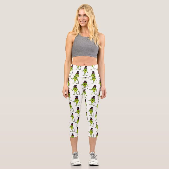 Funny frog with top hat cartoon capri leggings (Front)