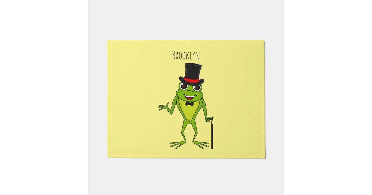 Funny frog with top hat cartoon doormat | Zazzle
