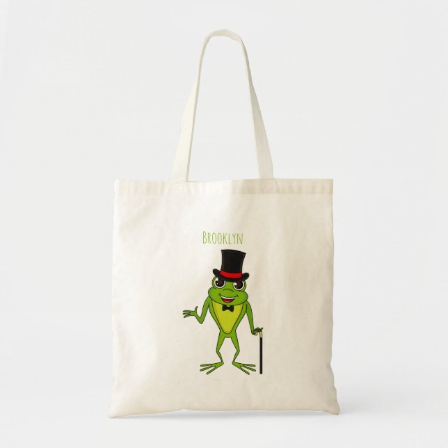 Funny frog with top hat cartoon tote bag (Front)
