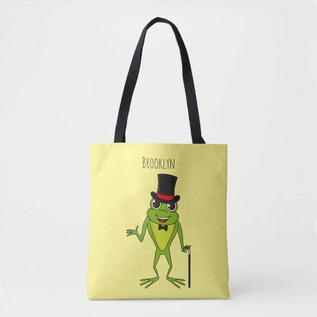 Funny frog with top hat cartoon tote bag (Front)