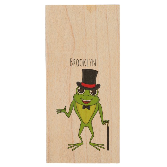 Funny frog with top hat cartoon wood flash drive (Front Vertical)