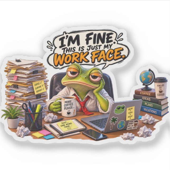 Funny Frog Work Face Vinyl Sticker - Desk Meme (Front)