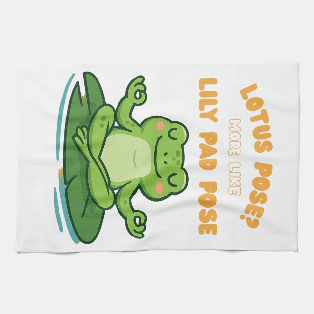 Funny Frog Yoga Cartoon Lotus Lily Pad Pose Design Kitchen Towel (Horizontal)