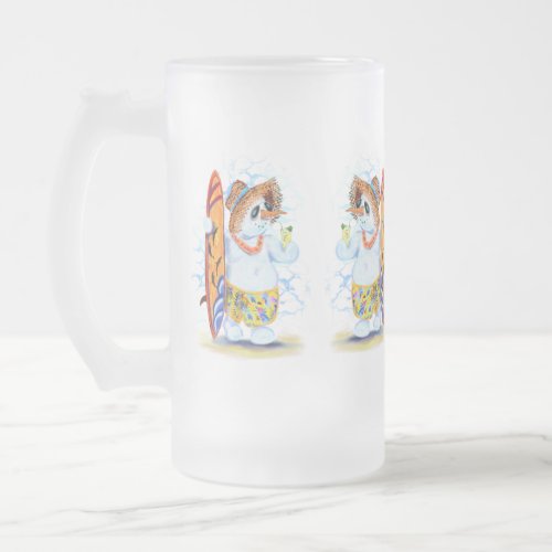 Funny Frosted Glass Beer Mug Summer Snowman Surfer