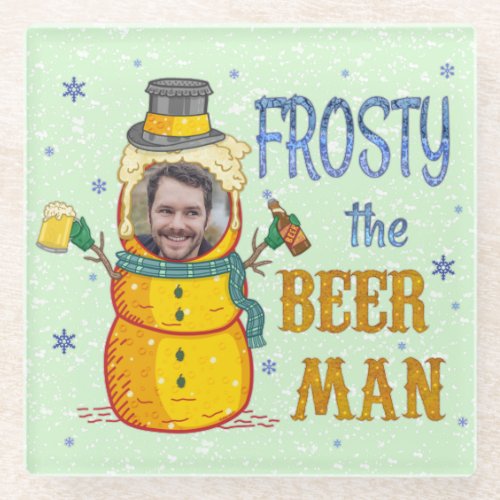 Funny Frosty Beer Man Humor Custom Photo Christmas Glass Coaster