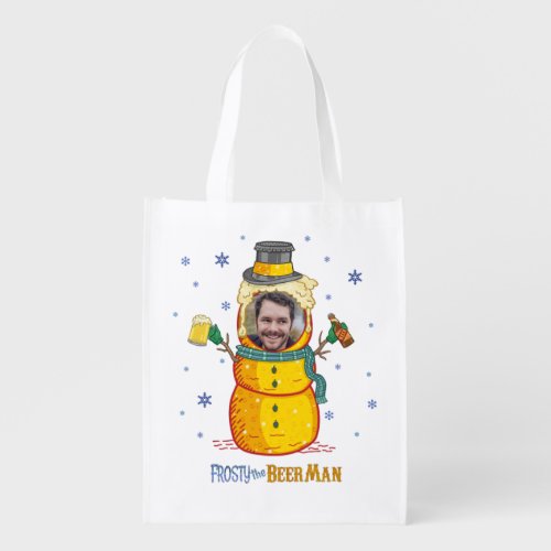 Funny Frosty Beer Man Humor Custom Photo Christmas Grocery Bag