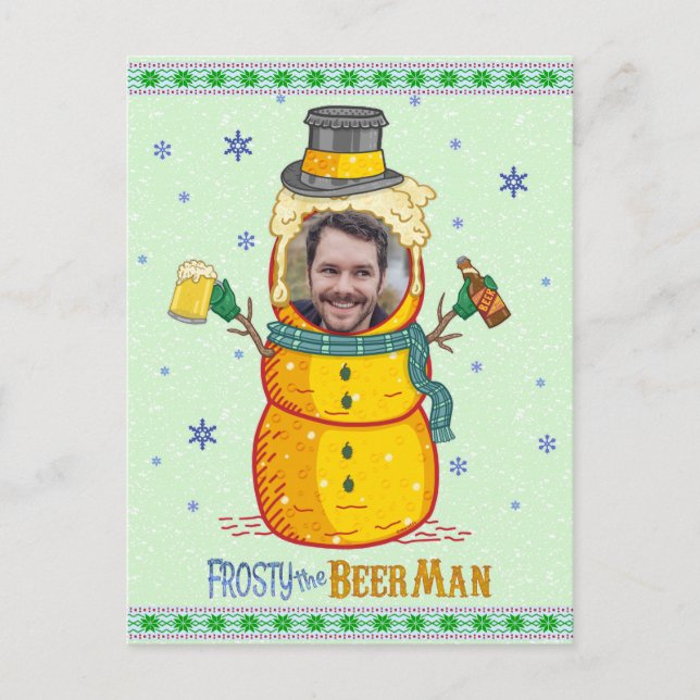 Funny Frosty Beer Man Humor Custom Photo Christmas Postcard (Front)
