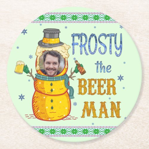 Funny Frosty Beer Man Humor Custom Photo Christmas Round Paper Coaster
