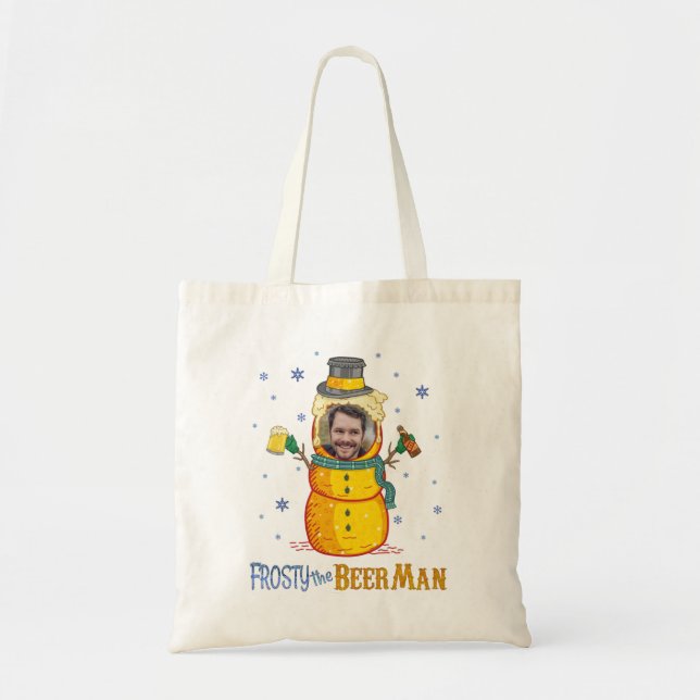 Funny Frosty Beer Man Humor Custom Photo Christmas Tote Bag (Front)