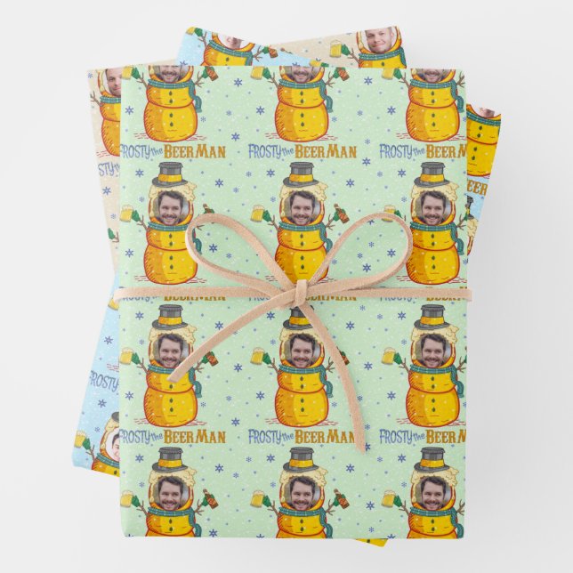 Funny Frosty Beer Man Humor Custom Photo Christmas Wrapping Paper Sheets (In situ)