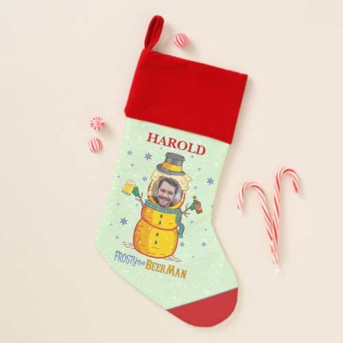 Funny Frosty Beer Man Snowman Humor Custom Photo Christmas Stocking