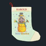 Funny Frosty Beer Man Snowman Humor Custom Photo Small Christmas Stocking<br><div class="desc">Snowmen are so outdated. It's time we started building something better: Beer Men! This funny Christmas stocking shows a beer man with foam hair, wearing a top hat (with beer cap), a scarf, hops buttons, and holding two beers in his twig hands. The text says, "Frosty the Beer Man." And...</div>