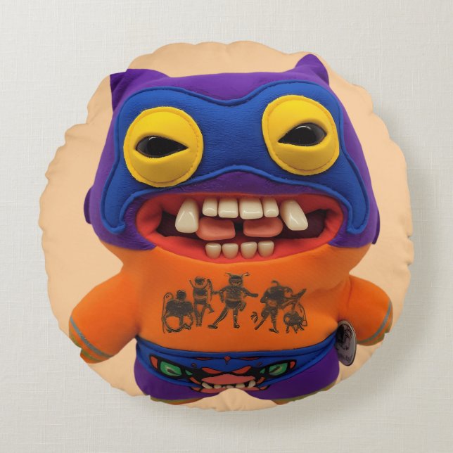 Funny Fugglers Wrestler Quirky Monster Round Pillow (Front)