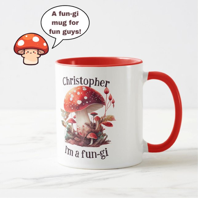 Funny "Fun-gi" Fun Guy Orange/Red Mushroom Joke Mug (A fun mushroom mug for the fun-gi in your life!)