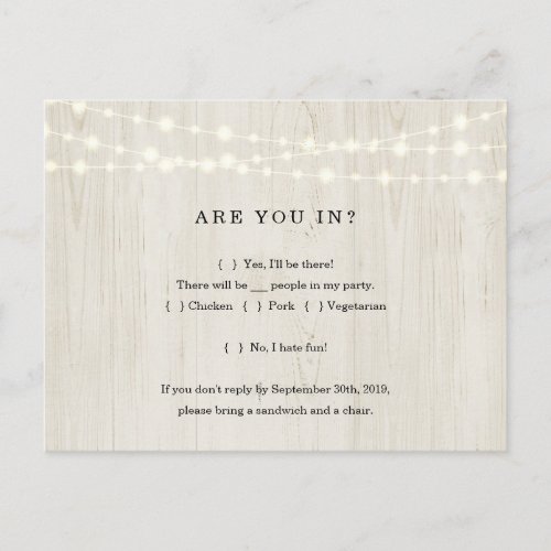Funny & Fun RSVP Postcard - Rustic Wood - Funny RSVP wording for a fun wedding!  Backdrop is simple with wonderfully rustic string lights and wood background.  Save money in postage by opting for the convenient postcard format.
