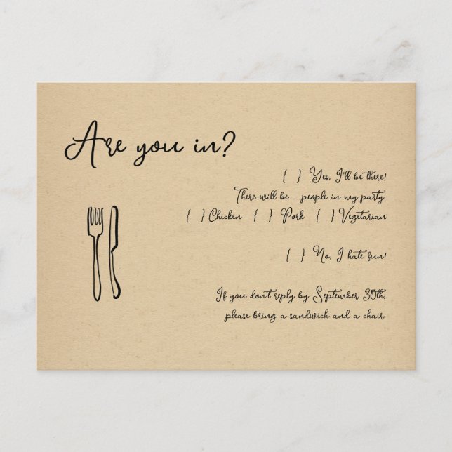 Funny & Fun Script Wedding RSVP Postcard - Kraft (Front)