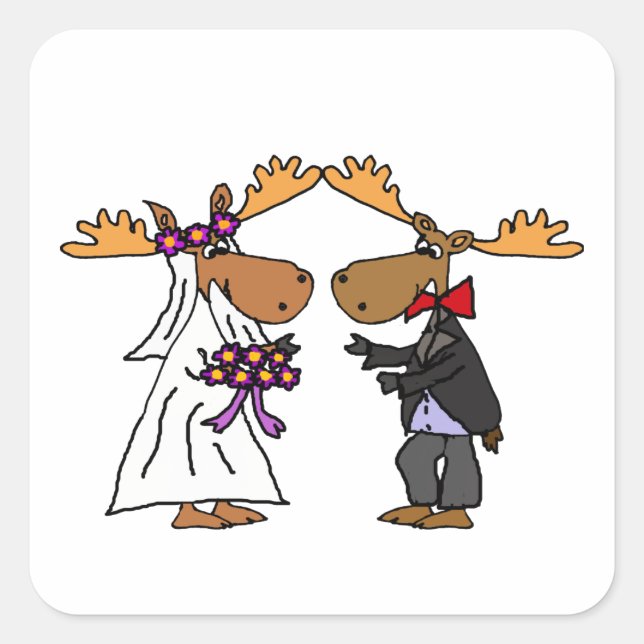 Funny Funky Moose Wedding Cartoon Art Square Sticker (Front)