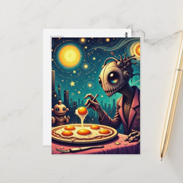 Funny Funky  Robots Eating Fried Eggs Postcard (Front/Back In Situ)