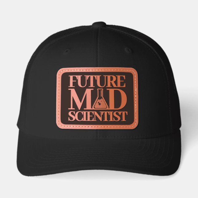 Funny Future Mad Scientist with Chemistry Beaker Leather Patch Hat (Front)