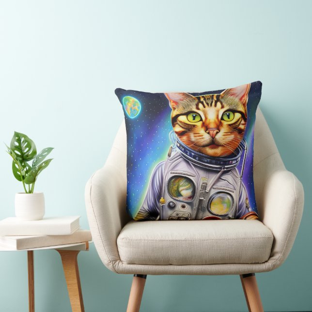 Funny Futuristic Astronaut Cat  Throw Pillow (Chair)
