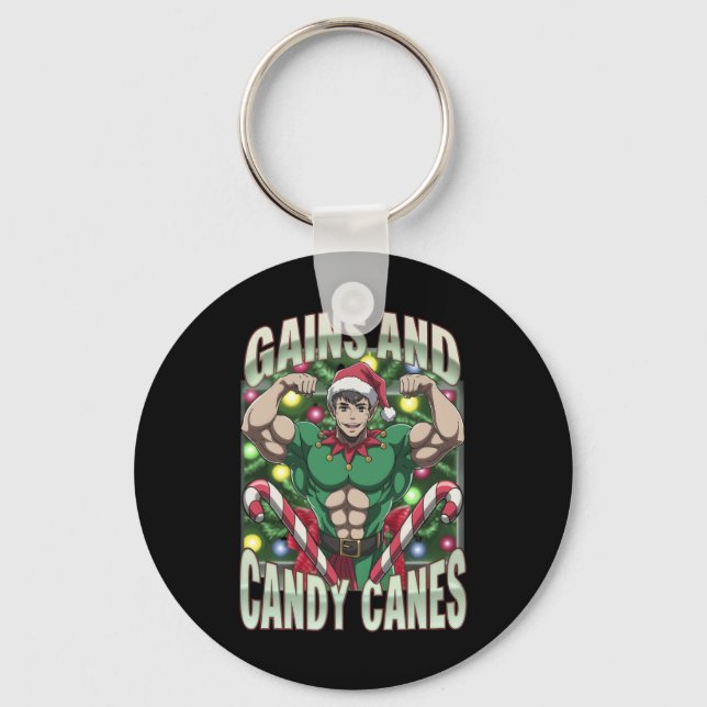 Funny Gains And Candy Canes Christmas Elf Gym Work Keychain (Front)