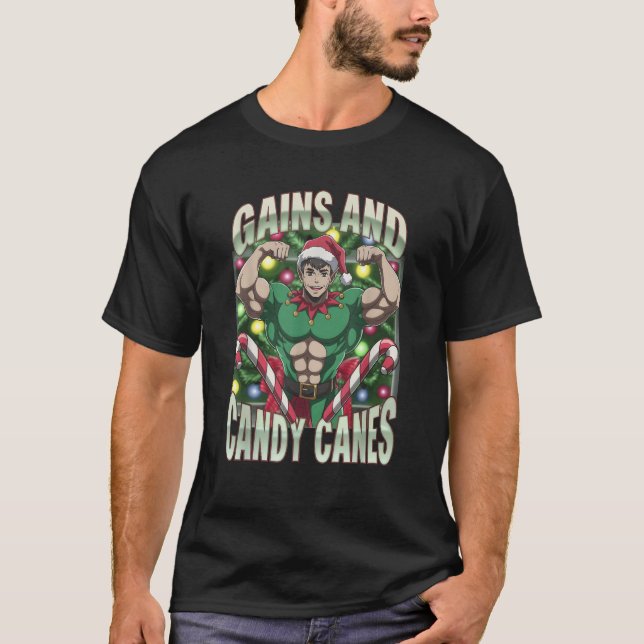 Funny Gains and Candy Canes Christmas Elf Gym Work T-Shirt (Front)