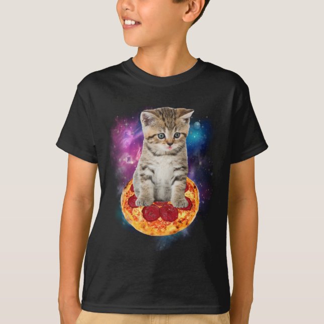 Funny Galaxy Cat in Space - Cat riding Pizza and T T-Shirt (Front)