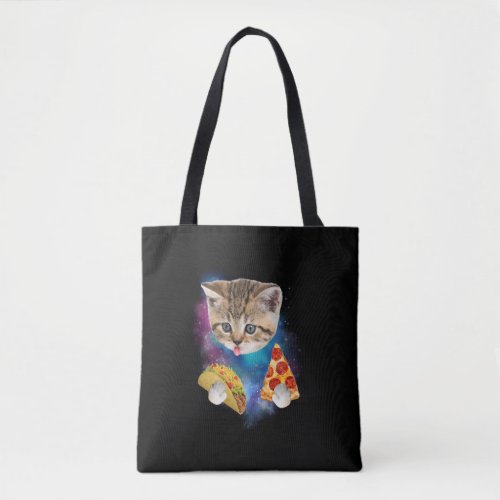 Funny Galaxy Cat Shirt _ Space Cat Eat Pizza and T Tote Bag