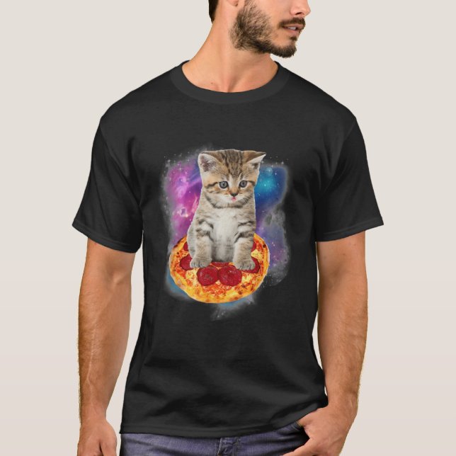 Funny Galaxy Cat Space Cat Eat Pizza and Taco T-Shirt (Front)