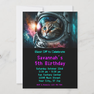 Funny Galaxy Space Cat Astronaut Birthday Party Invitation