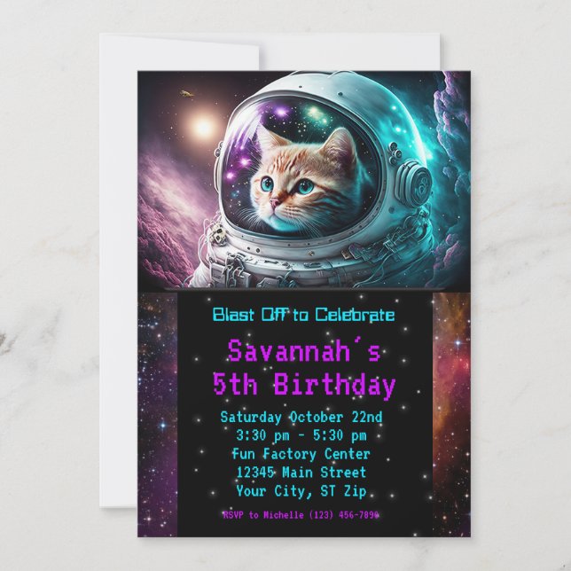 Funny Galaxy Space Cat Astronaut Birthday Party Invitation (Front)