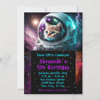 Funny Galaxy Space Cat Astronaut Birthday Party Invitation