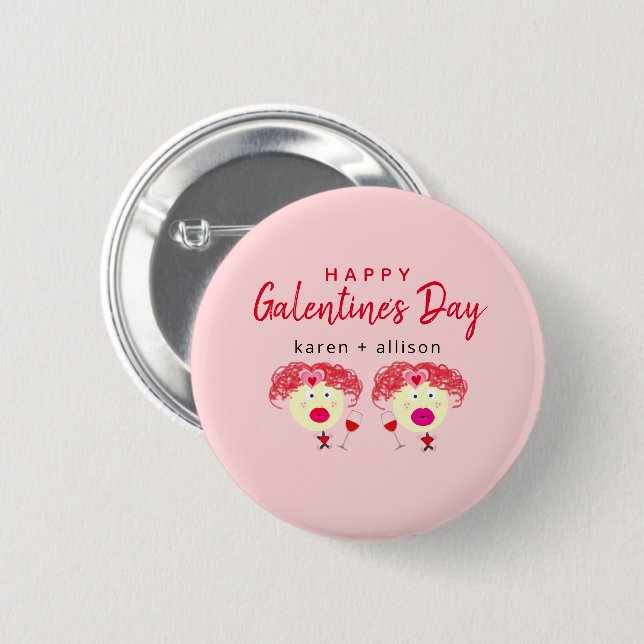 Funny Galentines Day Best Friends Blush Pink Name Button (Front & Back)